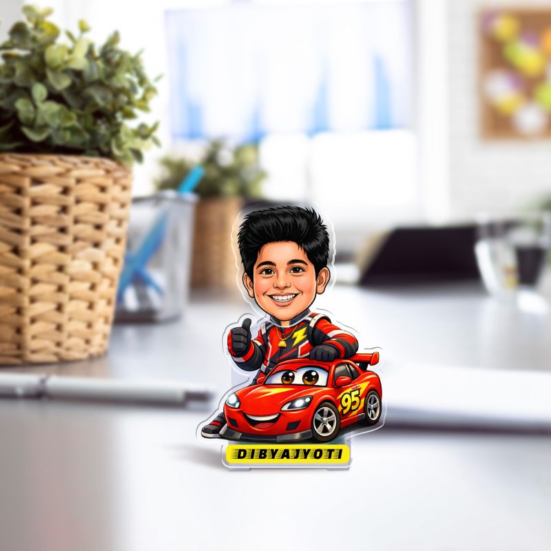Personalized Racing Car Theme Bobblehead Caricature Standee for Car Dashboard Decor  Birthday Gift for Son, Brother, or Boyfriend  Solar Powered Moving Head Feature